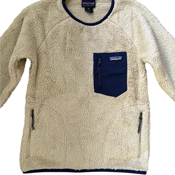 Patagonia Los Gatos Teddy High Pile Fleece Crew Neck Tan/Navy Size XS - Picture 4 of 10